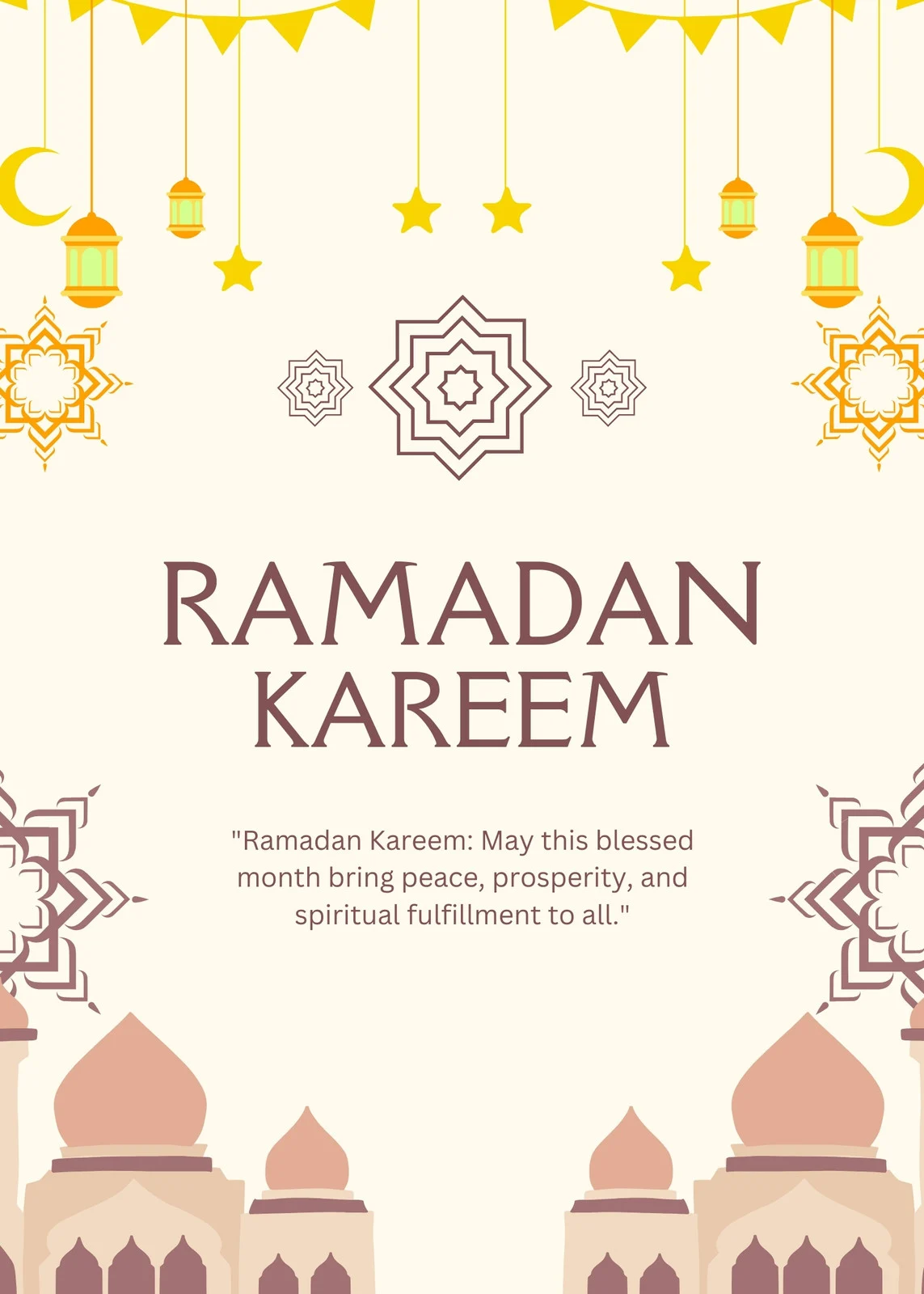 Ramadan Kareem greeting with crescent moon and lanterns
