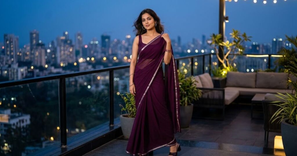 Bold Wine Saree Attitude Look